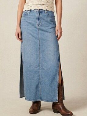 Silver Jean Denim Maxi Skirt Size 31 Fits Large Western Cowgirl Stampede Rodeo